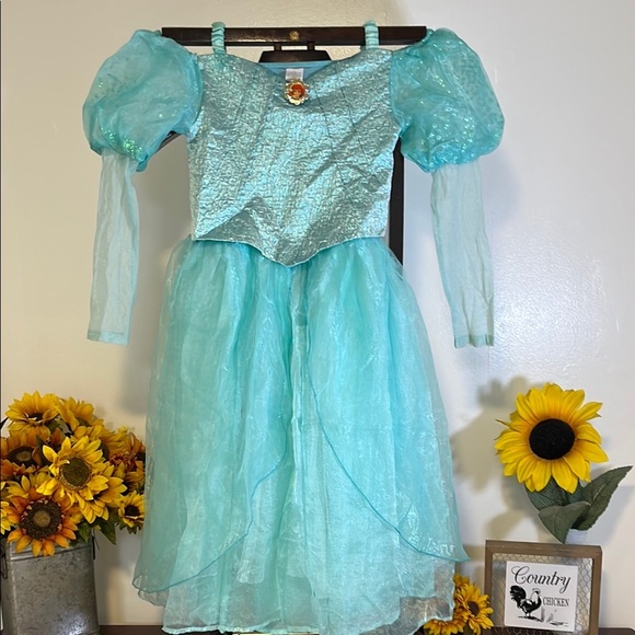 Ariel Princess Dress L (10/12) Blue Gown with Puff Sleeves & Character Brooch - Picture 2 of 9
